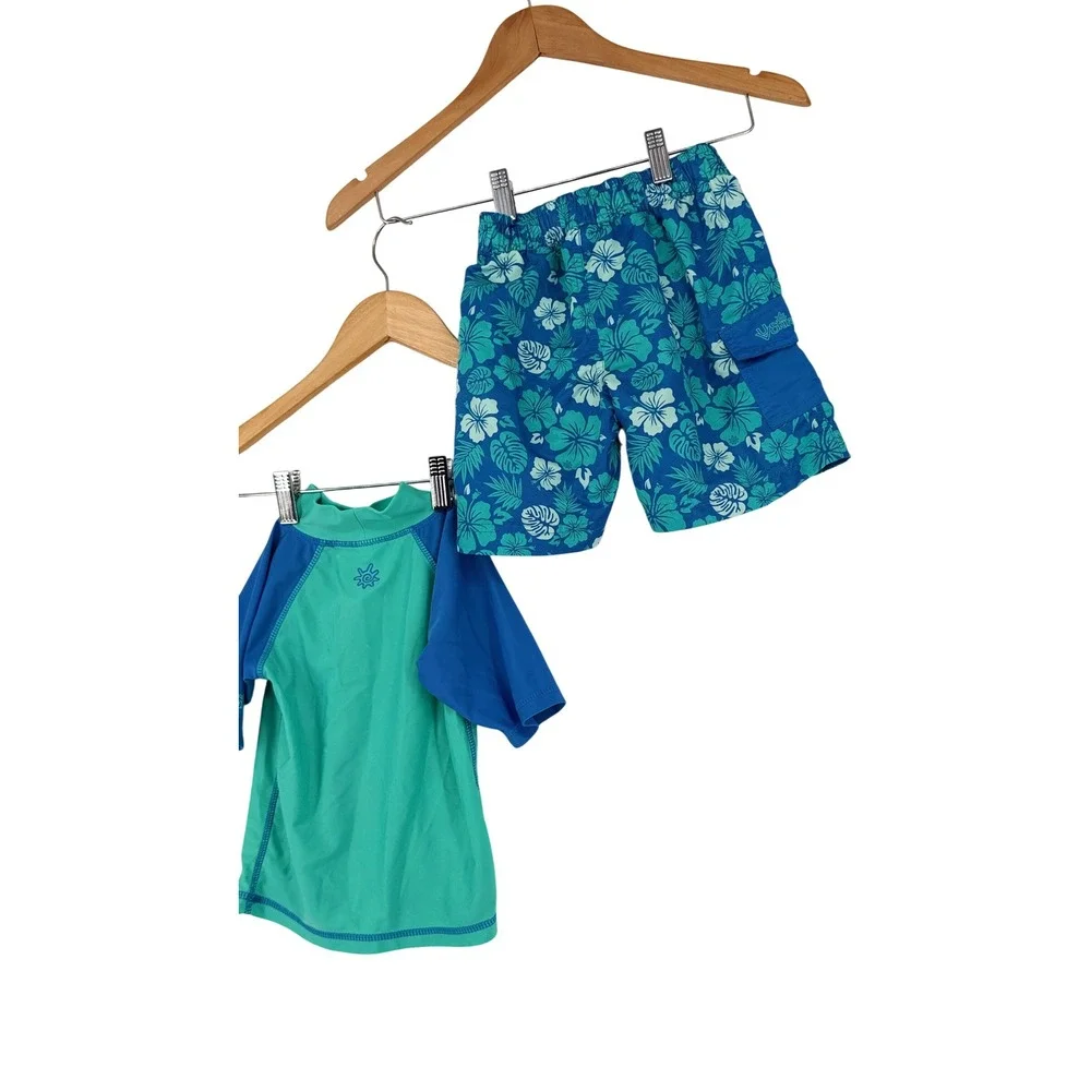 UV Skinz Boys 2 Piece Swim Set Rash Guard Trunks Blue Teal Floral Van 4T UPF 50+
